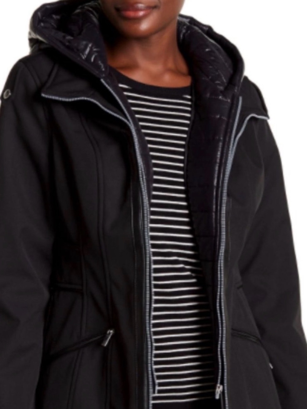French Connection Faux 2-in-1 Black Puffy Hood Utility Jacket Water Resistant